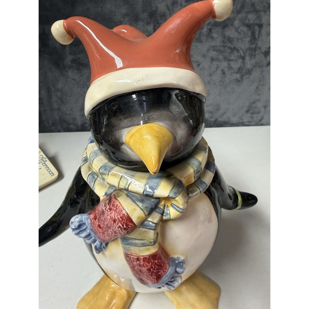 Penguin Canister Cookie Jar Winter Joy Scarf Jester Hat Oneida Christmas - Picture 2 of 8